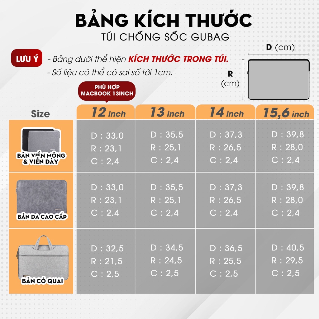 Túi chống sốc laptop Gu Bag HCM size 13 inch, 14 inch, 15,6 inch bền đẹp, phù hợp macbook 15inch đệm dày