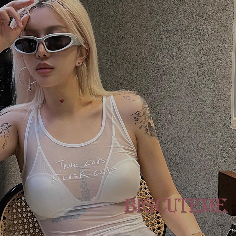 [] Áo Tank Top Không Tay Mỏng Màu Trắng In Chữ Thời Trang Mùa Hè Cho Nữ