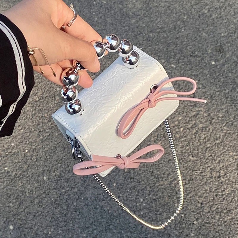 Nallcher Túi Xách Da PU Mini Đính Nơ Phối Dây Xích Thời Trang Cho Nữ