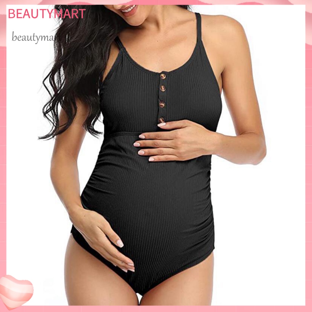 [beautymart] Bộ Đồ Bơi Màu Trơn Co Giãn Hở Lưng Ôm Dáng Cho Phụ Nữ Mang Thai