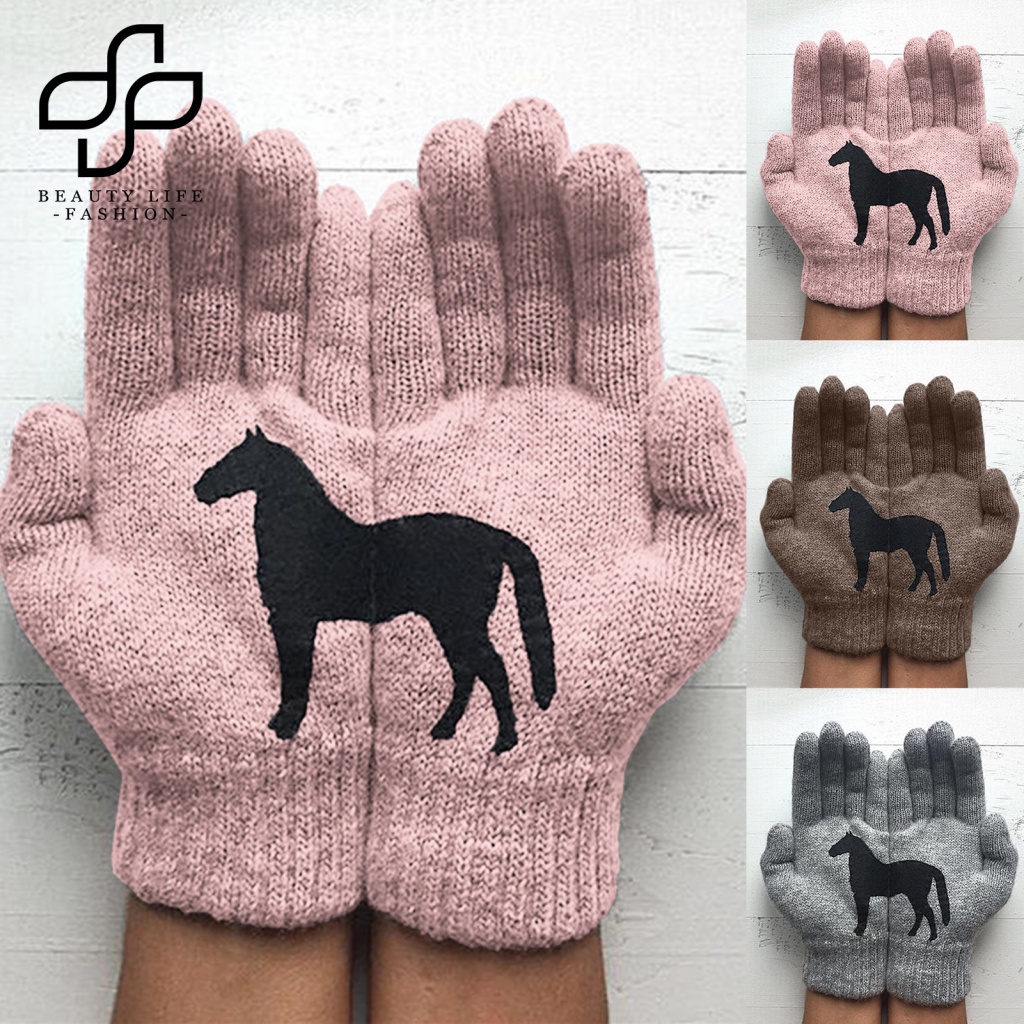 1 Đôi Găng Tay Len Chống Lạnh In Họa Tiết Ngựa Hoạt Hình Cho Nữ