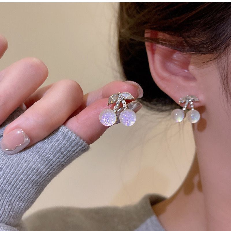Bông Tai Đính Đá Hình Quả Cherry Nhiều Màu Sắc Dễ Thương Cao Cấp