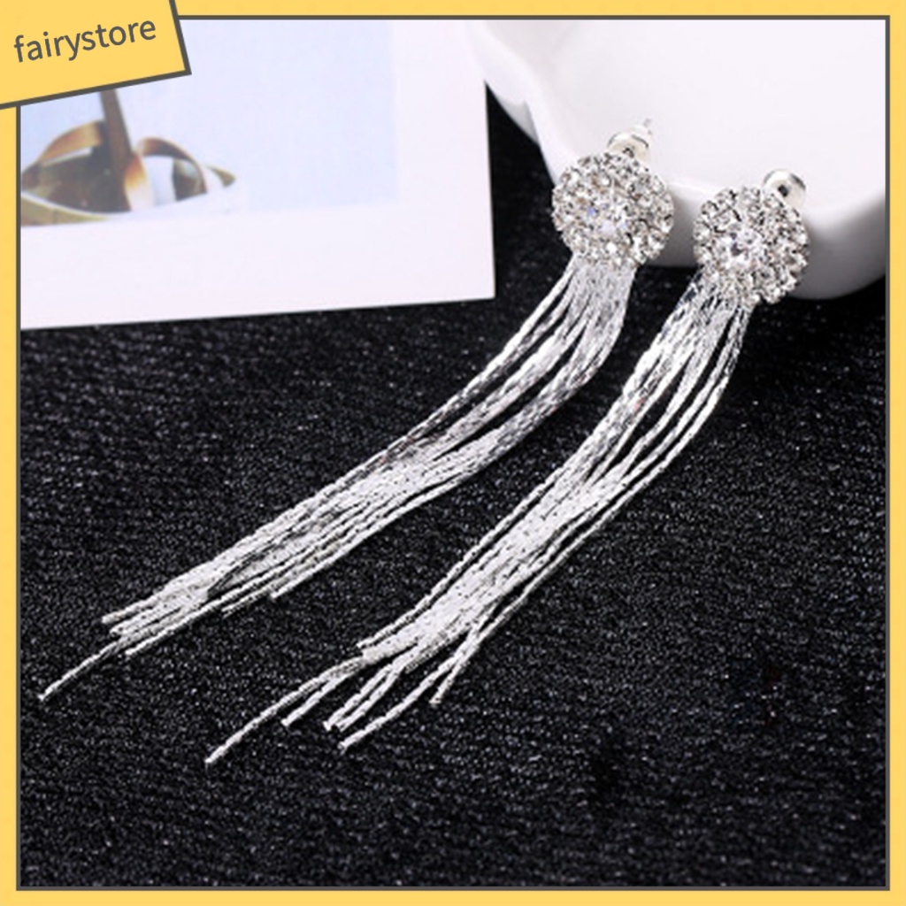 Bông Tai Dáng Dài Đính Đá Phối Tua Rua Lấp Lánh Thời Trang