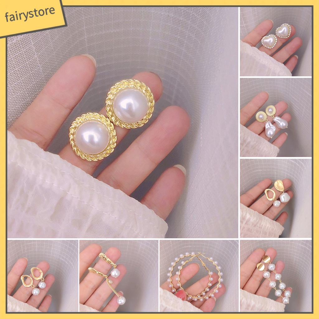 1 Đôi Bông Tai Hình Học Đính Ngọc Trai Giả Lấp Lánh Chống Phai Màu Thời Trang Cho Nữ