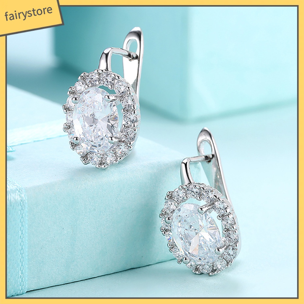 Bông Tai Hình Oval Đính Đá Zircon Sang Trọng Cho Nữ