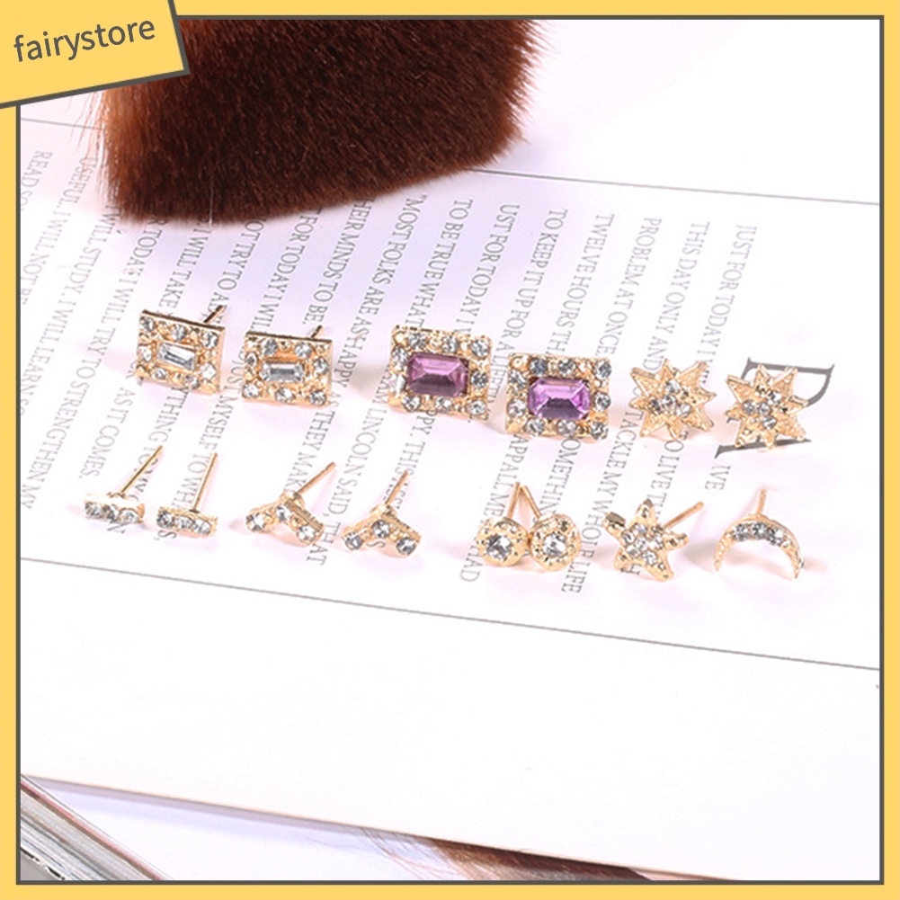 [FRO] Set 7 Cặp Bông Tai Hình Ngôi Sao Mặt Trời Mặt Trăng Chữ V Đính Kim Cương Giả Cho Nữ