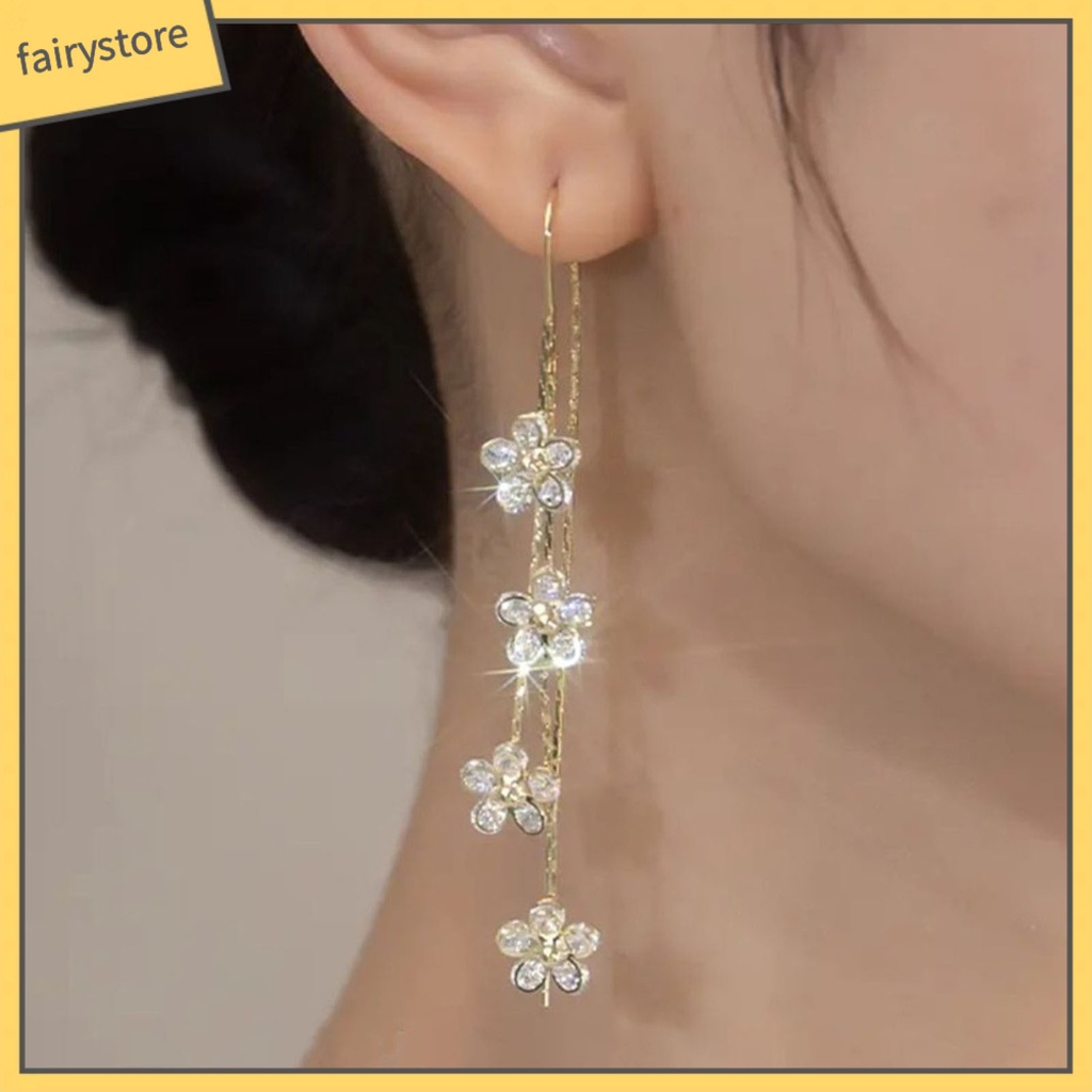 1 Đôi Bông Tai Dáng Dài Hình Hoa Đính Đá Lấp Lánh Sang Trọng Không Gây Dị Ứng Thời Trang Cho Nữ