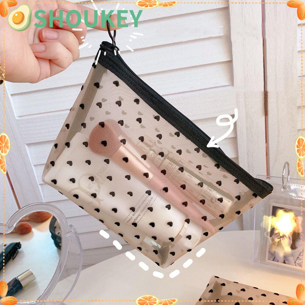 Túi Lưới Đựng Mỹ Phẩm Du Lịch Có Khóa Kéo Họa Tiết Trái Tim Màu Đen Dễ Thương SHOUKEY