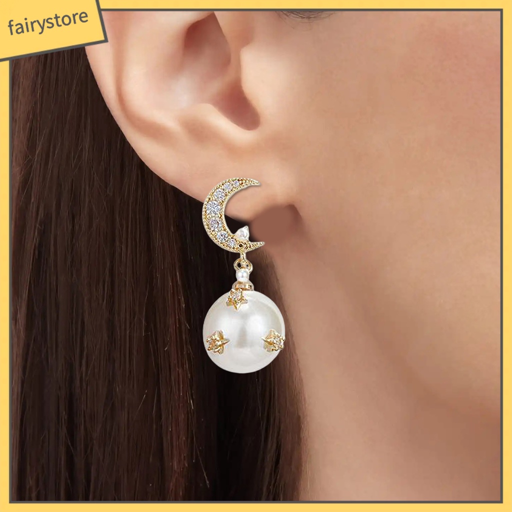 [FRO] 1 Đôi Bông Tai Bất Đối Xứng Hình Ngôi Sao Và Mặt Trăng Đính Ngọc Trai Nhân Tạo Phong Cách