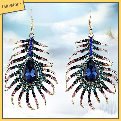 1 Cặp Bông Tai Hình Lông Công Đính Đá Phong Cách Retro Dành Cho Nữ