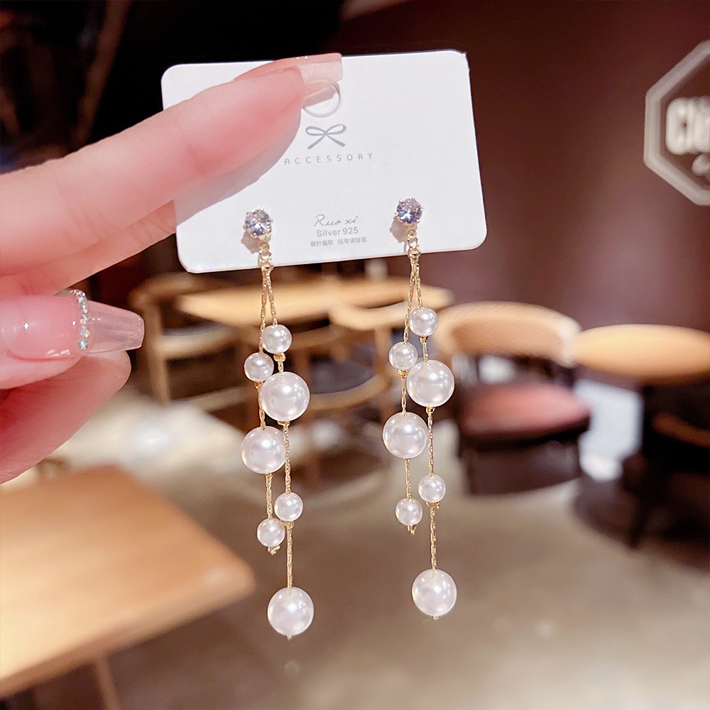 Bông Tai Mạ Bạc 925 Đính Ngọc Trai Tua Rua Phong Cách Cá Tính