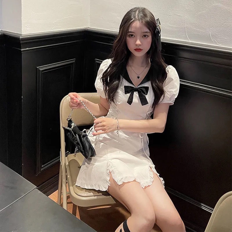 Đầm Tay Phồng Thắt Nơ Nhấn Eo Thời Trang Hè Phong Cách Nhật Bản Xinh Xắn Cho Nữ