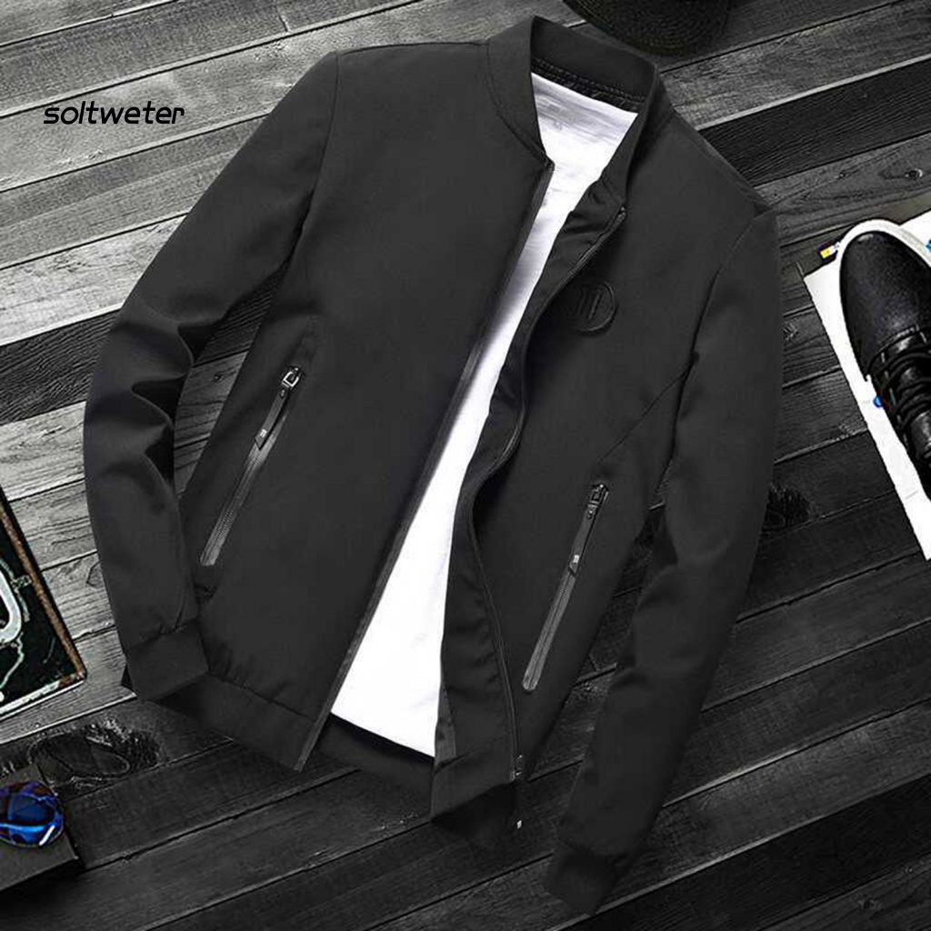 Áo Khoác Thể Thao Cổ Đứng Tay Dài Màu Trơn Có Khóa Kéo Phong Cách Đường Phố Mùa Thu Cho Nam