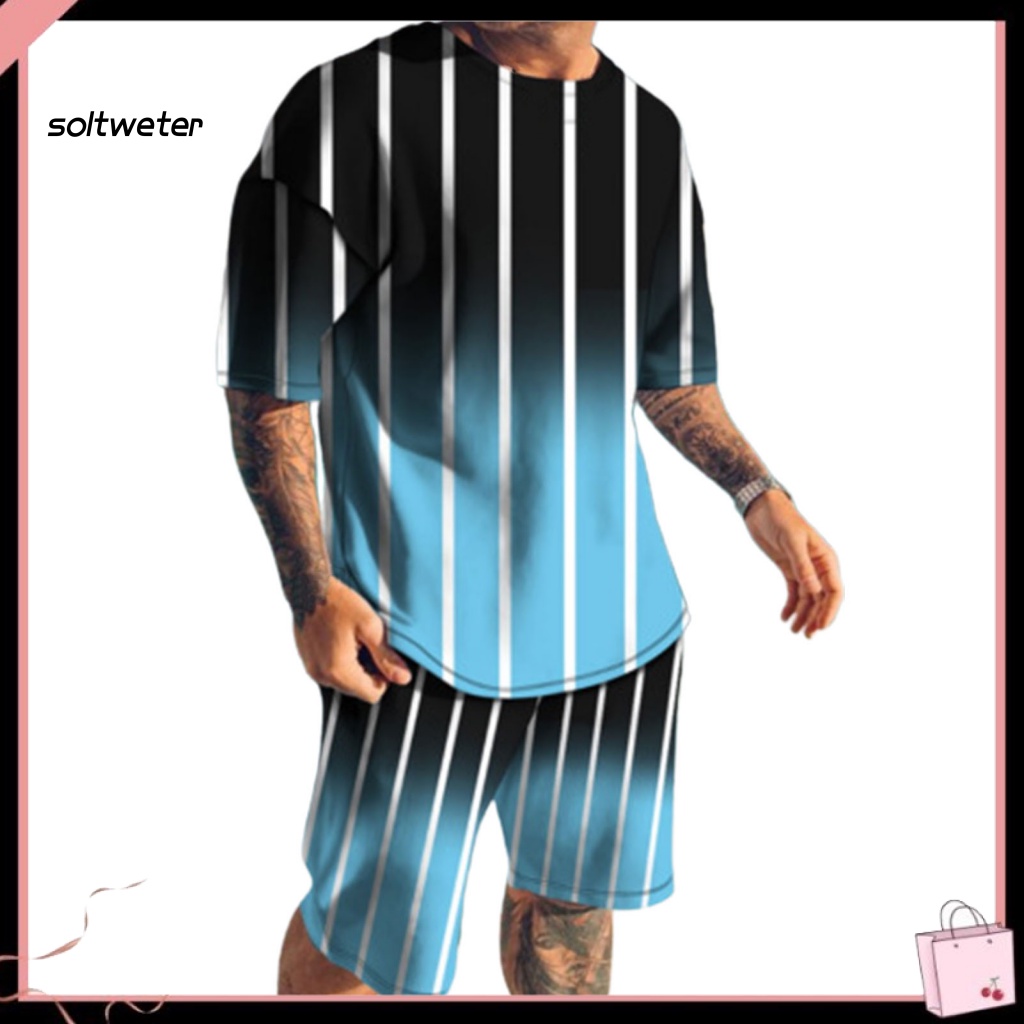 Set Đồ Mùa Hè 2 Món Gồm Áo Thun Tay Cộc Cổ Tròn Có Túi In Họa Tiết Kẻ Sọc 3D + Quần Shorts Cho Nam