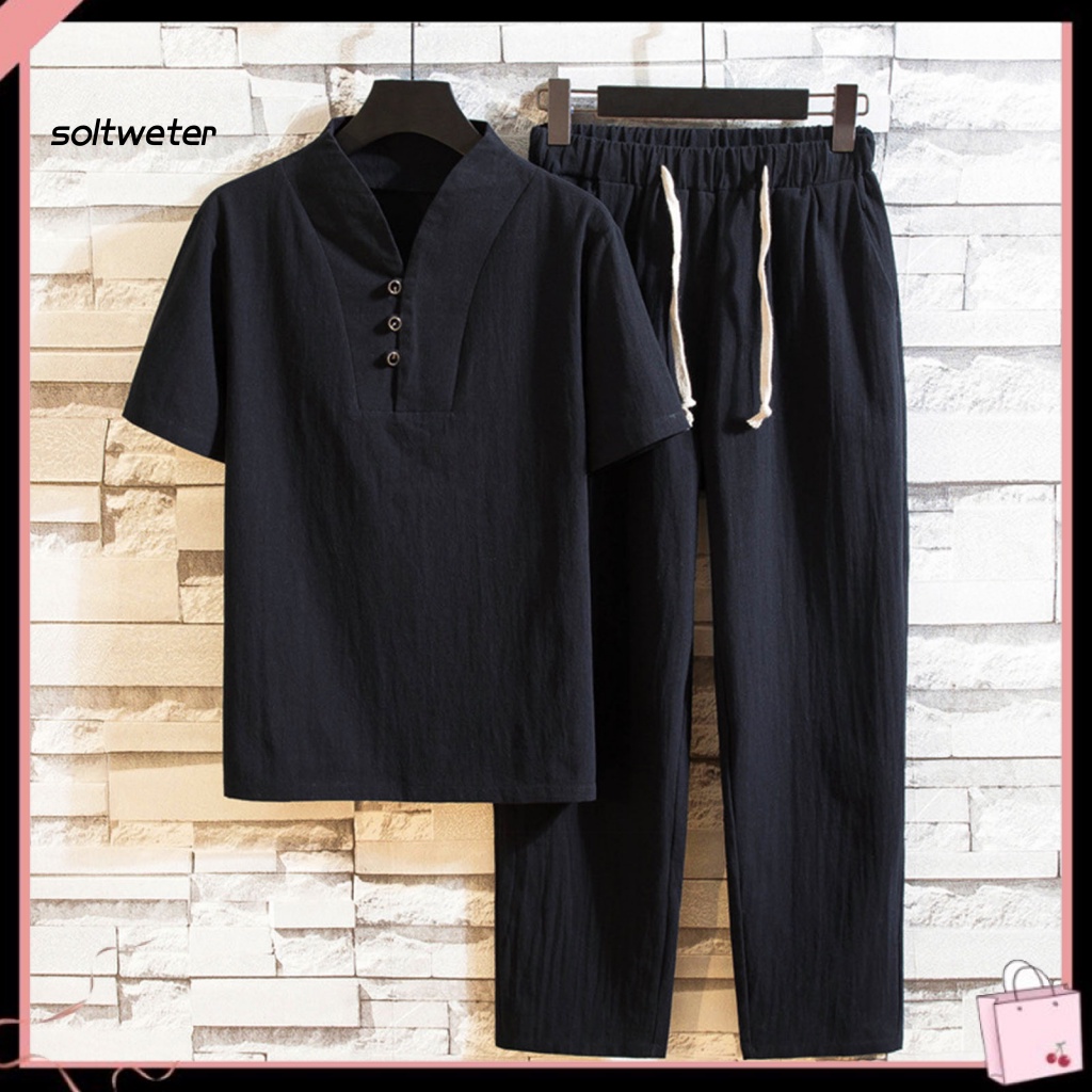 Set Đồ Mùa Hè 2 Món Gồm Áo Tay Cộc Cổ Chữ V Màu Trơn + Quần Dài Phong Cách Trung Hoa Cho Nam