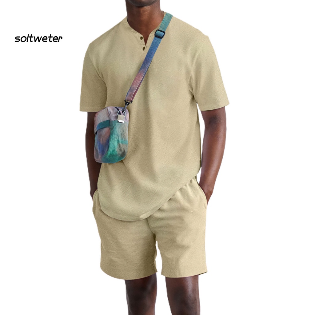 Bộ Trang Phục 2 Mảnh Gồm Áo Tay Ngắn Cổ Chữ V Màu Sắc Đơn Giản Và Quần Short Lưng Thun Thời Trang Mùa Hè Cho Nam