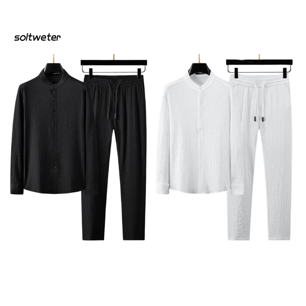 1 Bộ Áo Sơ Mi Cổ Đứng Phối Quần Dài Màu Trơn Đính Một Hàng Khuy Kiểu Đường Phố Thời Trang Mùa Thu Cho Nam
