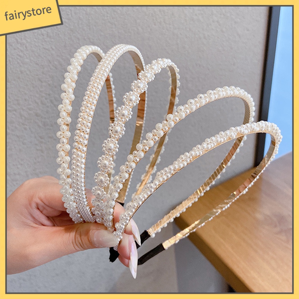 Băng Đô Cài Tóc Đính Ngọc Trai Nhân Tạo Màu Trơn Co Giãn Chống Trượt Trọng Lượng Nhẹ