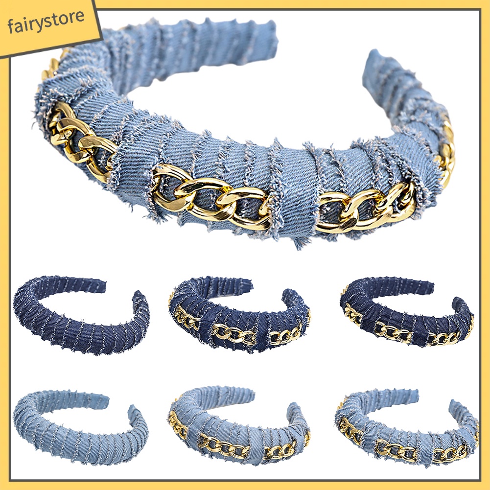 Cài Tóc Vải Jean Màu Trơn Đính Chuỗi Xích Phong Cách Vintage Dành Cho Nữ