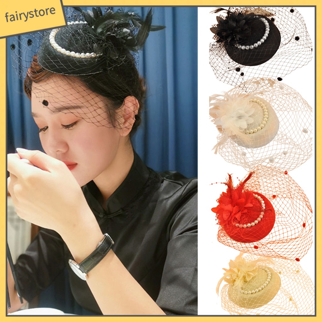 [FRO] Mũ Beret Lưới Màu Trơn Đính Ngọc Trai Giả Trang Trí Tóc Cô Dâu Trong Tiệc Cưới