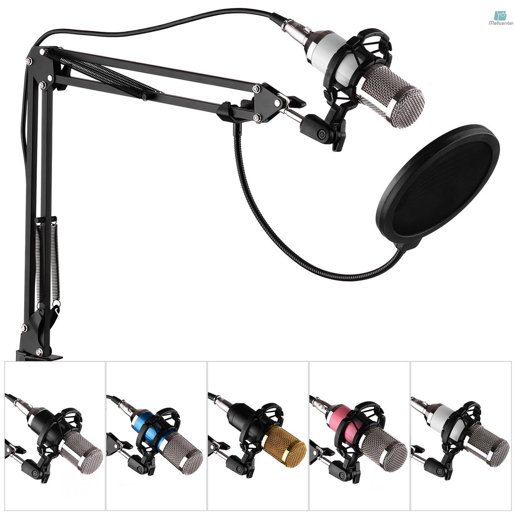 Professional Broadcasting Studio Recording Condenser Microphone Kit with Mic Windscreen + Shock Mount + Adjustable Suspension Scissor Arm Stand + Mounting Clamp + Pop Filter + Audio Cable
