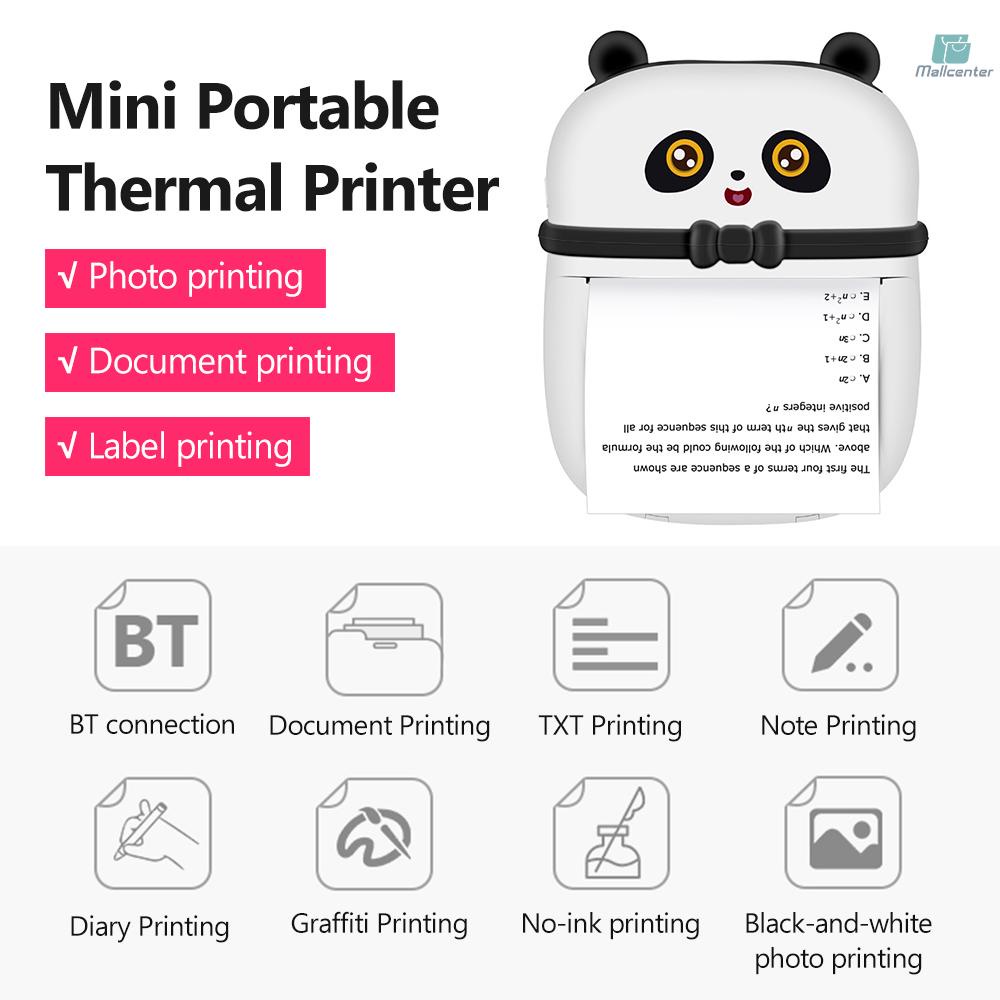 Kids Mini Pocket Printer Portable Thermal Printer Multifunctional BT Printer with Cute Panda Appearance Printing Paper for Study Note Photo Web Document Printing