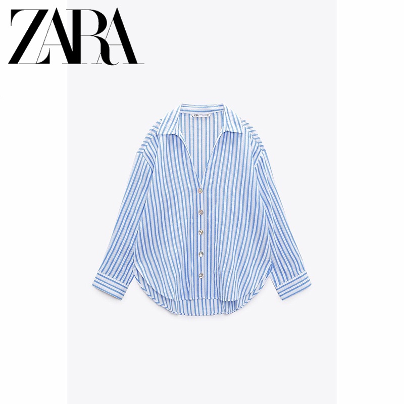 Zara Áo Sơ Mi Dài Tay Dáng Rộng Hoa Văn Kẻ Sọc Thời Trang Mùa Xuân Hè Dành Cho Nữ