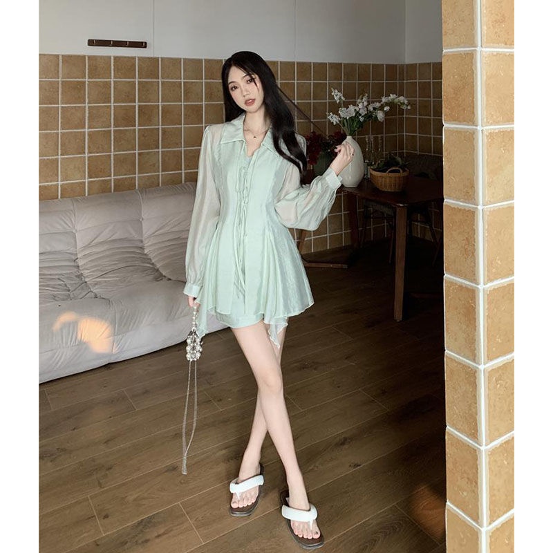 Bộ Áo Sơ Mi Mỏng Nhẹ Trong Suốt Chống Nắng Phối Quần Short Thời Trang Xinh Xắn Cho Nữ 6.27