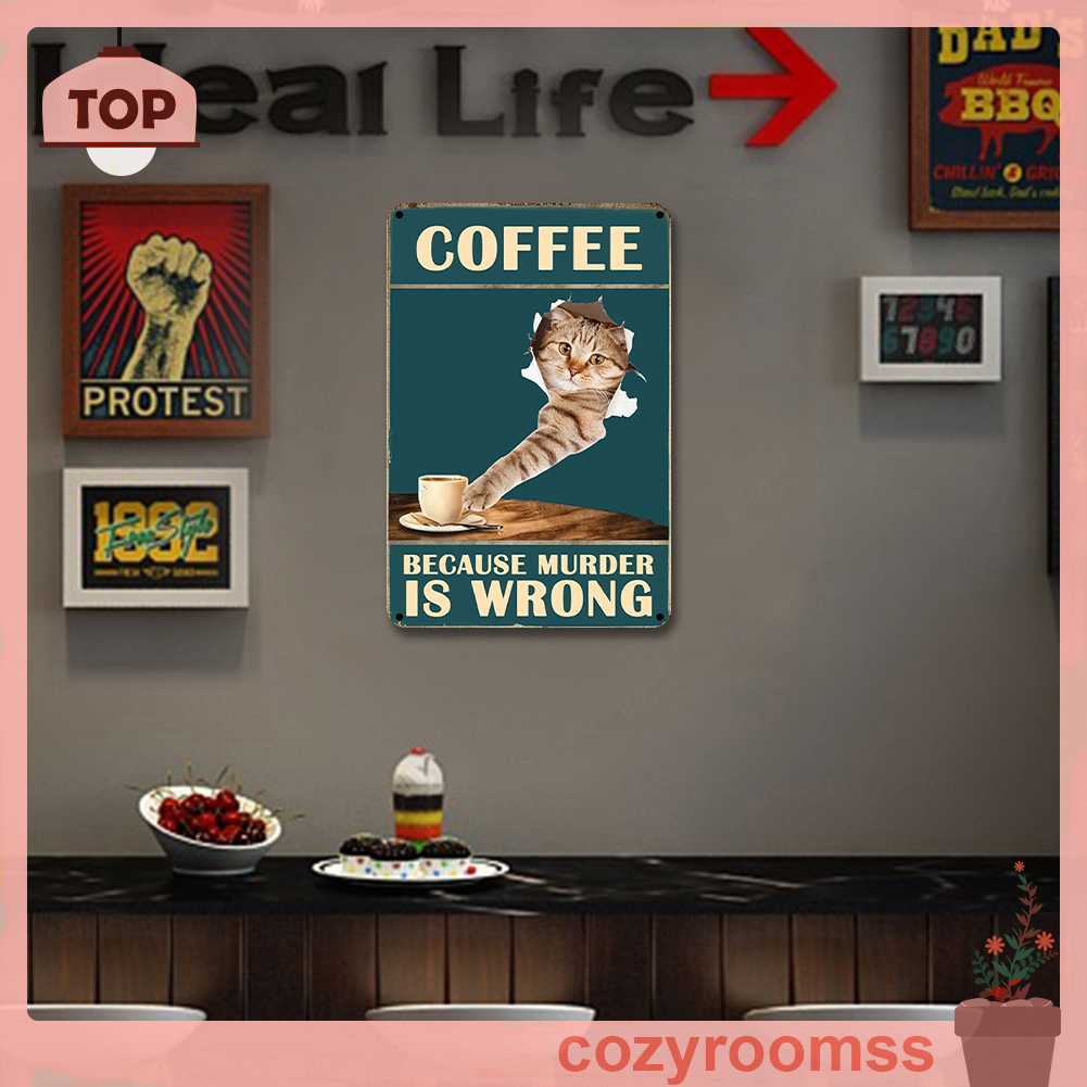 Bảng Kim Loại Hình Chữ Nhật Vẽ Hình Mèo Uống Cà Phê Trang Trí Tường Nhà Để Xe