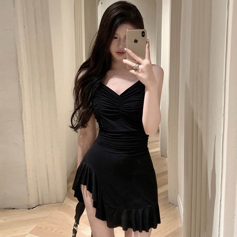 COZOK Đầm Sát Nách Cổ Chữ V Phối Bèo Nhấn Eo Thời Trang Quyến Rũ Cho Nữ