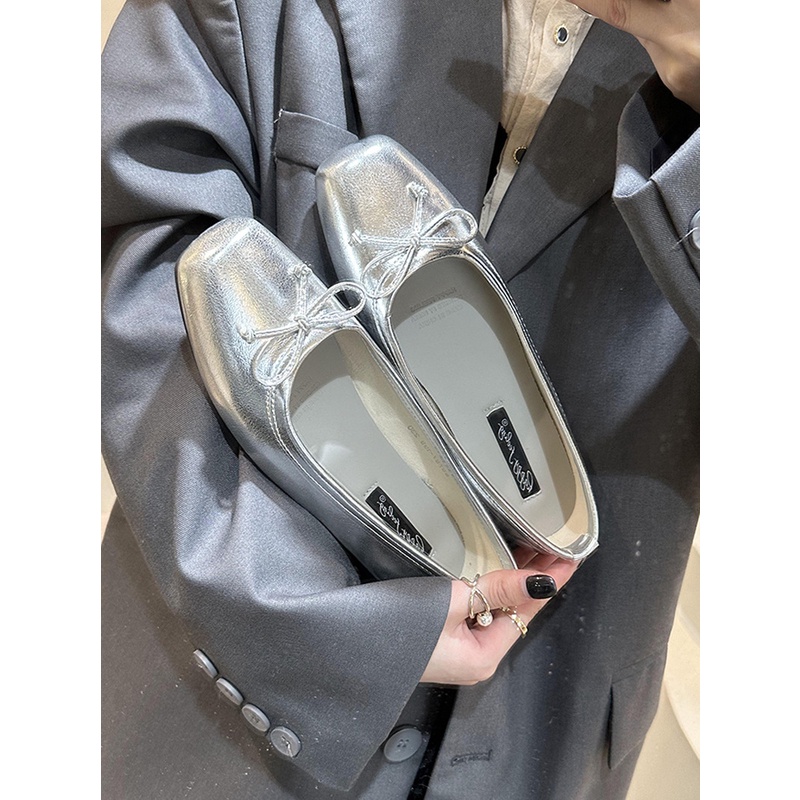 Lijia Giày Búp Bê Đế Mềm Mũi Vuông Màu Bạc Phong Cách Pháp Thanh Lịch Cho Nữ Có Sẵn