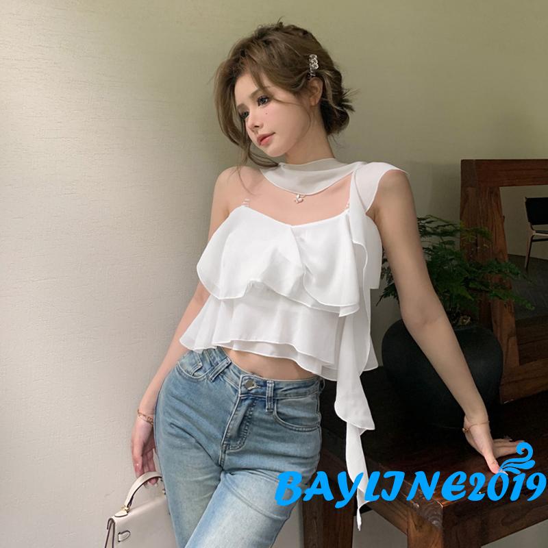 Áo Hai Dây Ngắn Hở Vai Nhún Bèo Màu Trơn Thời Trang Mùa Hè Cho Nữ