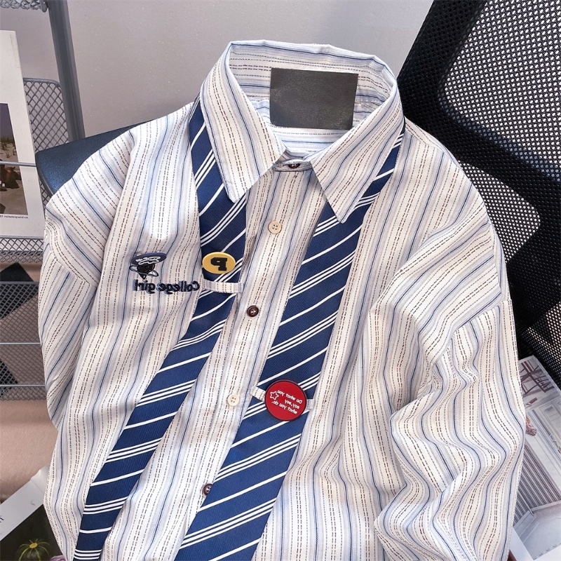 Áo Sơ Mi Dài Tay Dáng Rộng Họa Tiết Kẻ Sọc Phong Cách Retro Đường Phố Mỹ