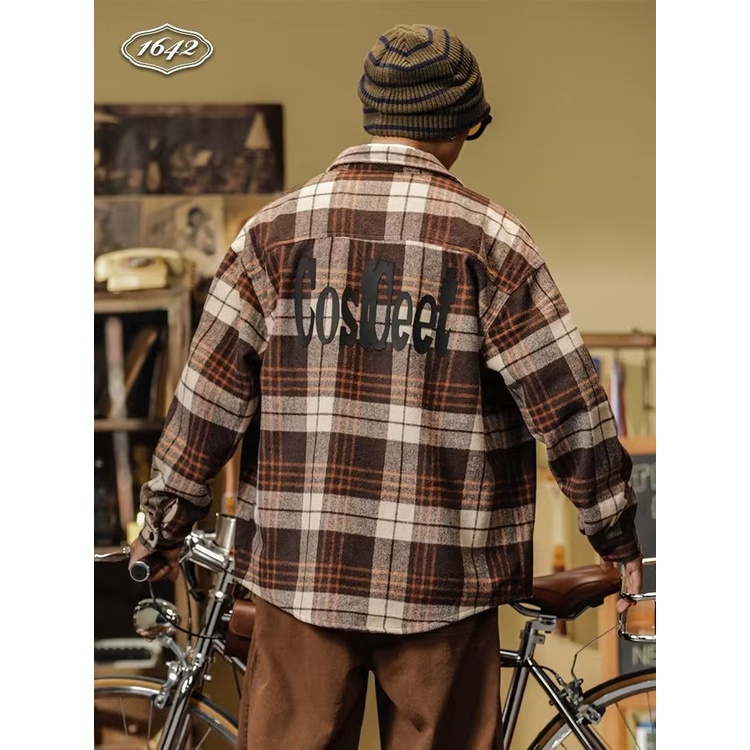 Áo Khoác Sơ Mi Vải Flannel Dày Dáng Rộng Cỡ Lớn Kiểu Retro Thời Trang Xuân Thu Cho Nam