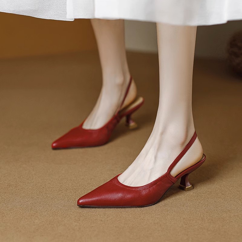Duoya Giày Cao Gót Da Mềm Mũi Nhọn Miệng Nông Hở Ngón Đế Mềm Cho Nữ Miễn Phí Vận Chuyển