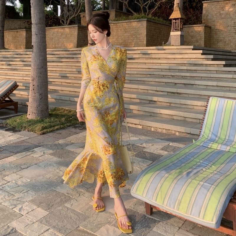 Đầm Dáng Ôm In Họa Tiết COZOK Phong Cách Cổ Điển Thời Trang Xinh Xắn Cho Nữ