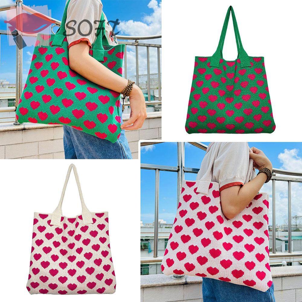 SOFTNESS Túi Đeo Vai Đan Móc Họa Tiết Trái Tim Phong Cách Boho Thời Trang Cho Nữ