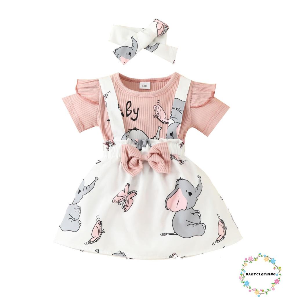 Set 3 Món Áo Liền Quần + Chân Váy Yếm + Băng Đô Xinh Xắn Cho Bé Gái
