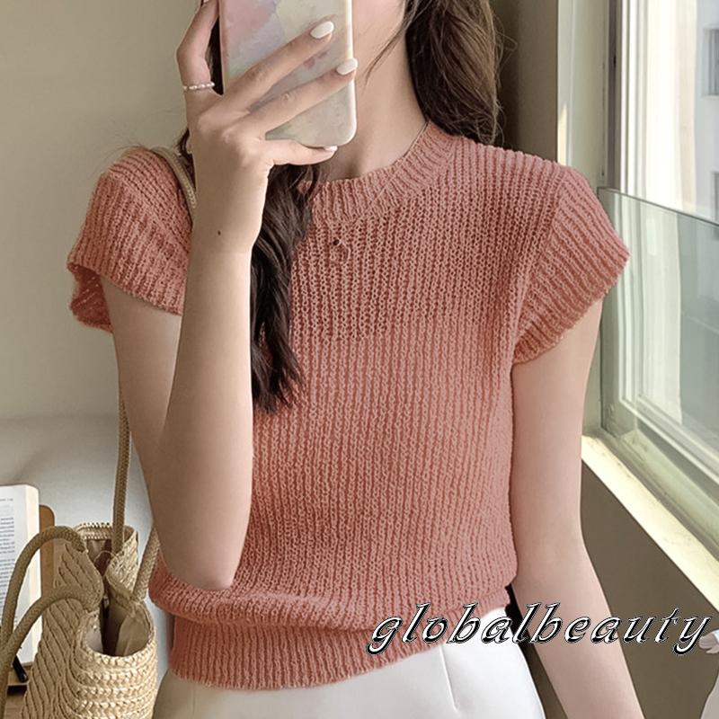 Áo Croptop Dệt Kim Tay Ngắn Màu Trơn Dễ Thương Thời Trang Mùa Hè Cho Nữ