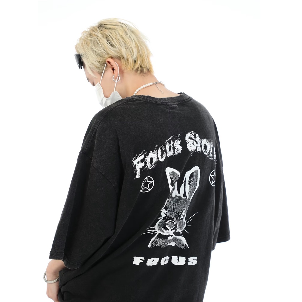 Áo Thun Ngắn Tay In Hình Thỏ Và Chữ Phong Cách Hip Hop Đường Phố Cá Tính Cho Nam Nữ