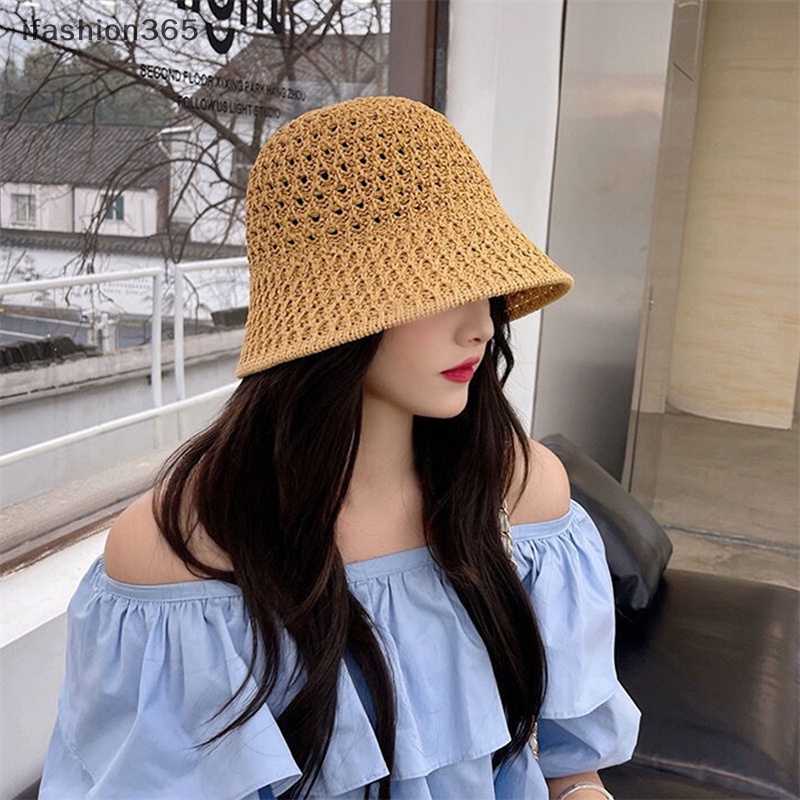 Mũ Bucket Dệt Kim Mềm Màu Trơn Đơn Giản Thời Trang Mùa Hè ifashion365