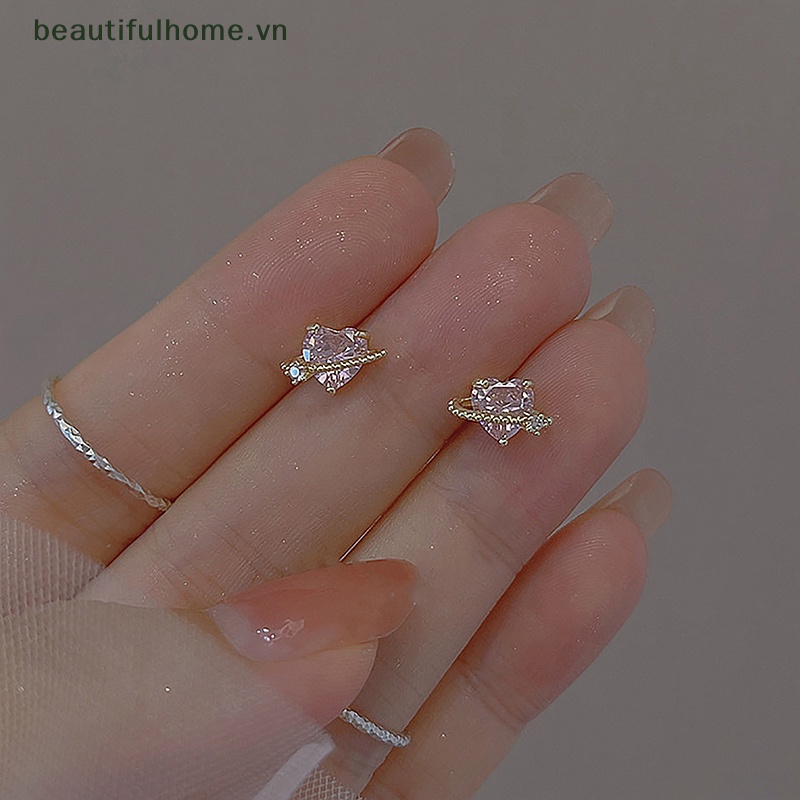1 Đôi Bông Tai Hình Trái Tim Đính Đá Zircon Màu Hồng Thiết Kế Đơn Giản Thời Trang Cho Nữ