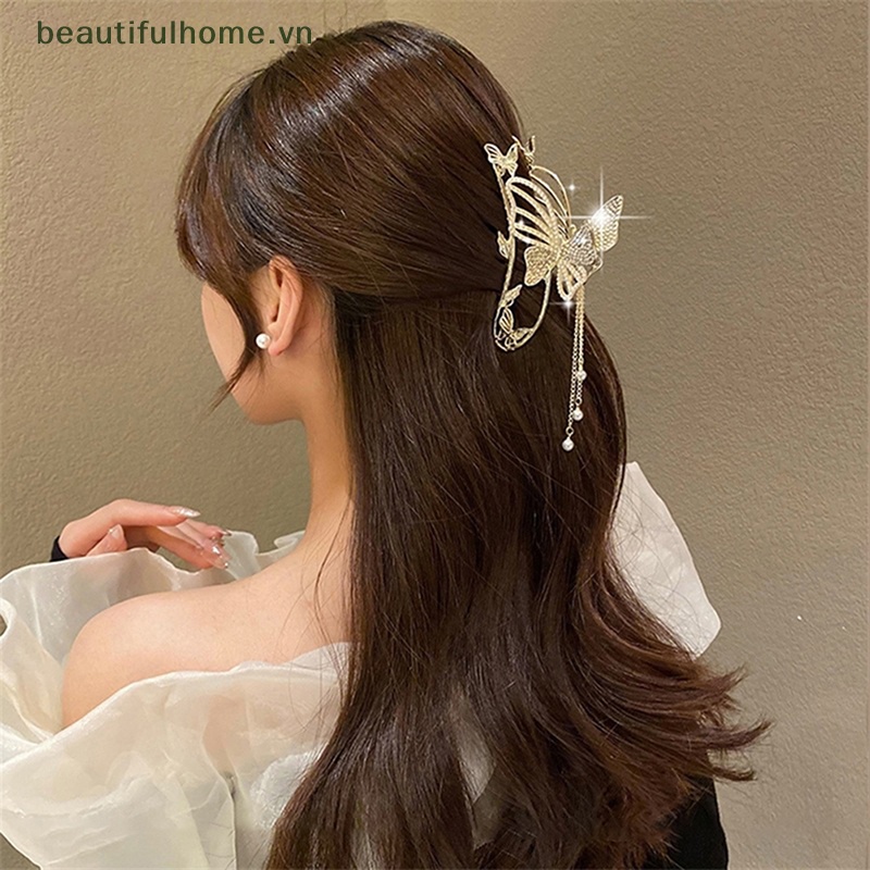 Kẹp Tóc Cá Mập Bằng Kim Loại Đính Ngọc Trai &amp; Bướm Cho Nữ