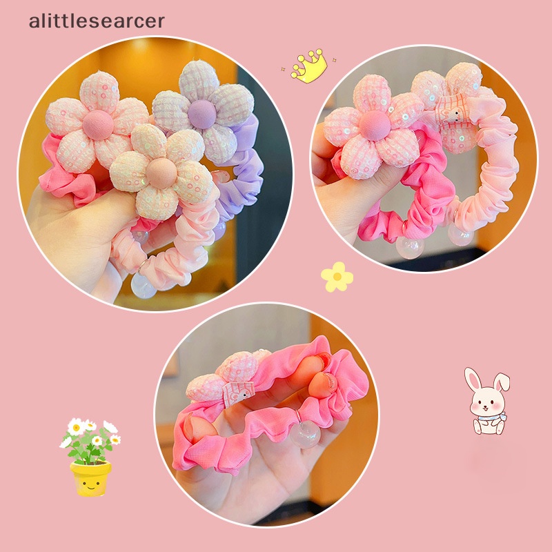 1 Dây Cột Tóc Đính Hoa / Bóng Lông Ngựa Co Giãn Dễ Thương Phong Cách Hàn Quốc Cho Bé Gái