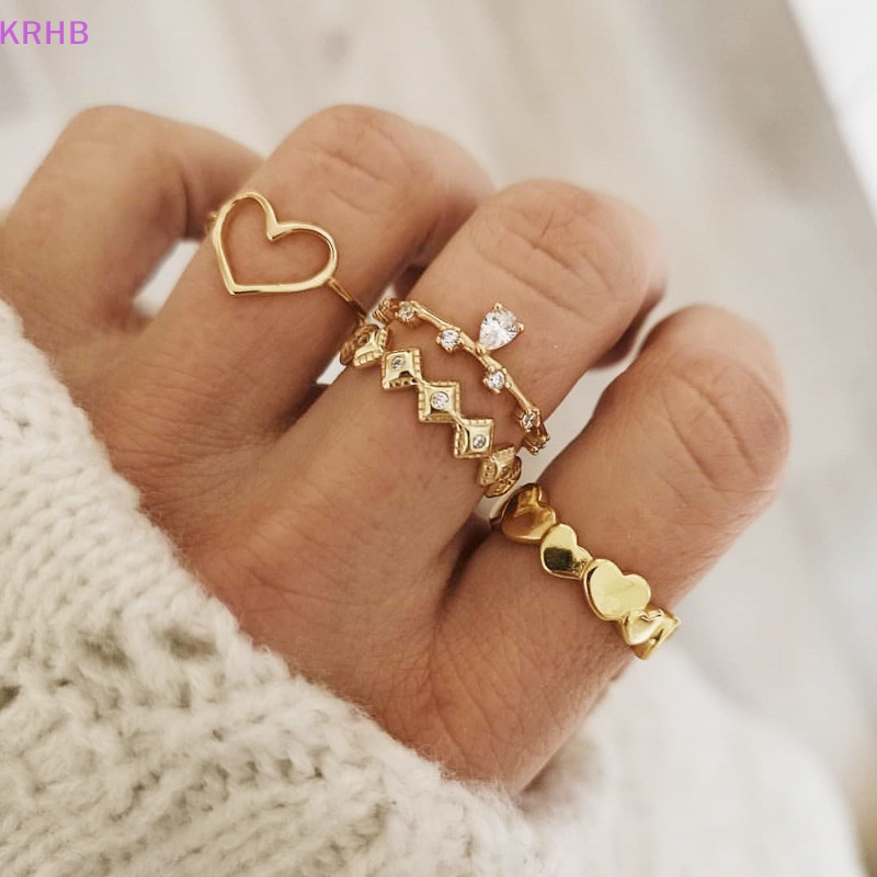 Bộ 4 Nhẫn Thời Trang Hàn Quốc Đính Đá Hình Trái Tim Cho Nữ Mới