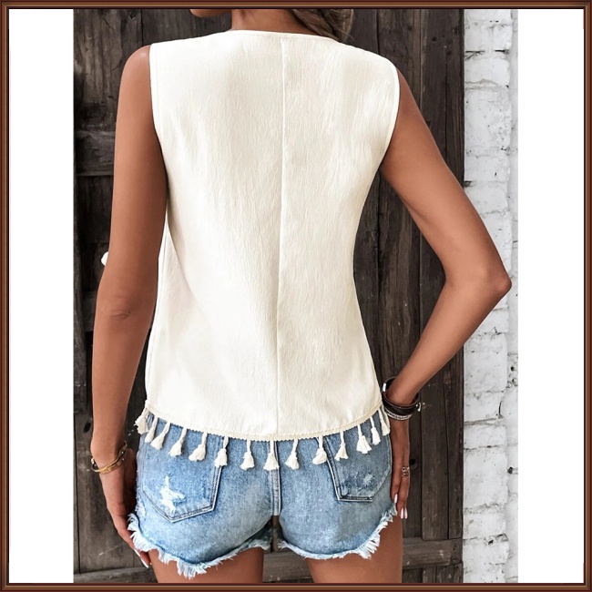 Áo Tank Top Không Tay Cổ Chữ V Viền Tua Rua Thêu Họa Tiết Phong Cách Boho Thời Trang Cho Nữ