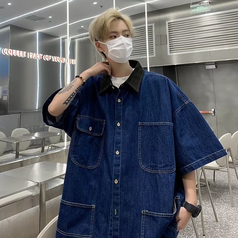 Áo Sơ Mi Denim Tay Ngắn Dáng Rộng Phối Túi Độc Đáo Phong Cách Nhật Bản Thời Trang Cho Nam Và Nữ