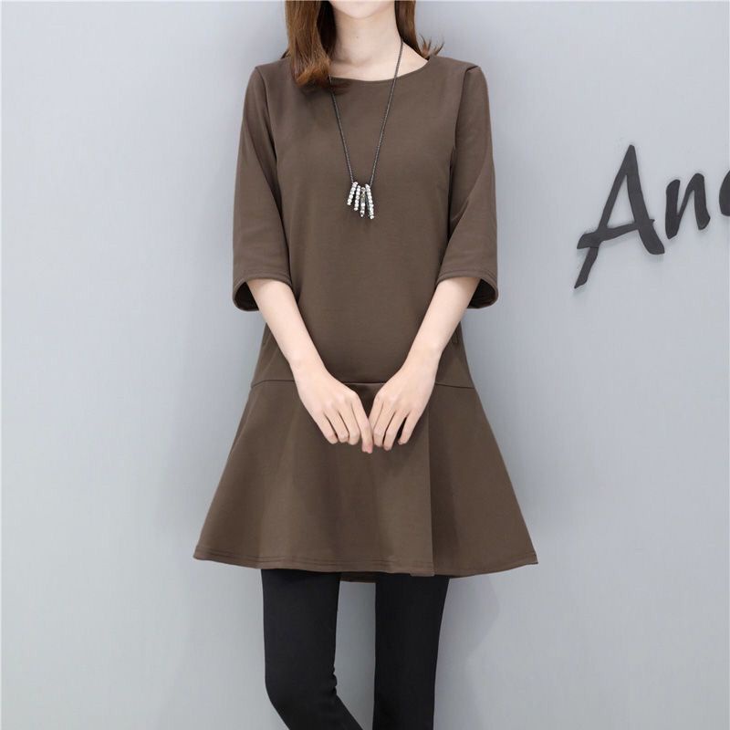 Áo Sơ Mi Tay Dài Cổ Tròn 3 / 4 Dáng Chữ A Màu Trơn size M-5XL Cho Nữ