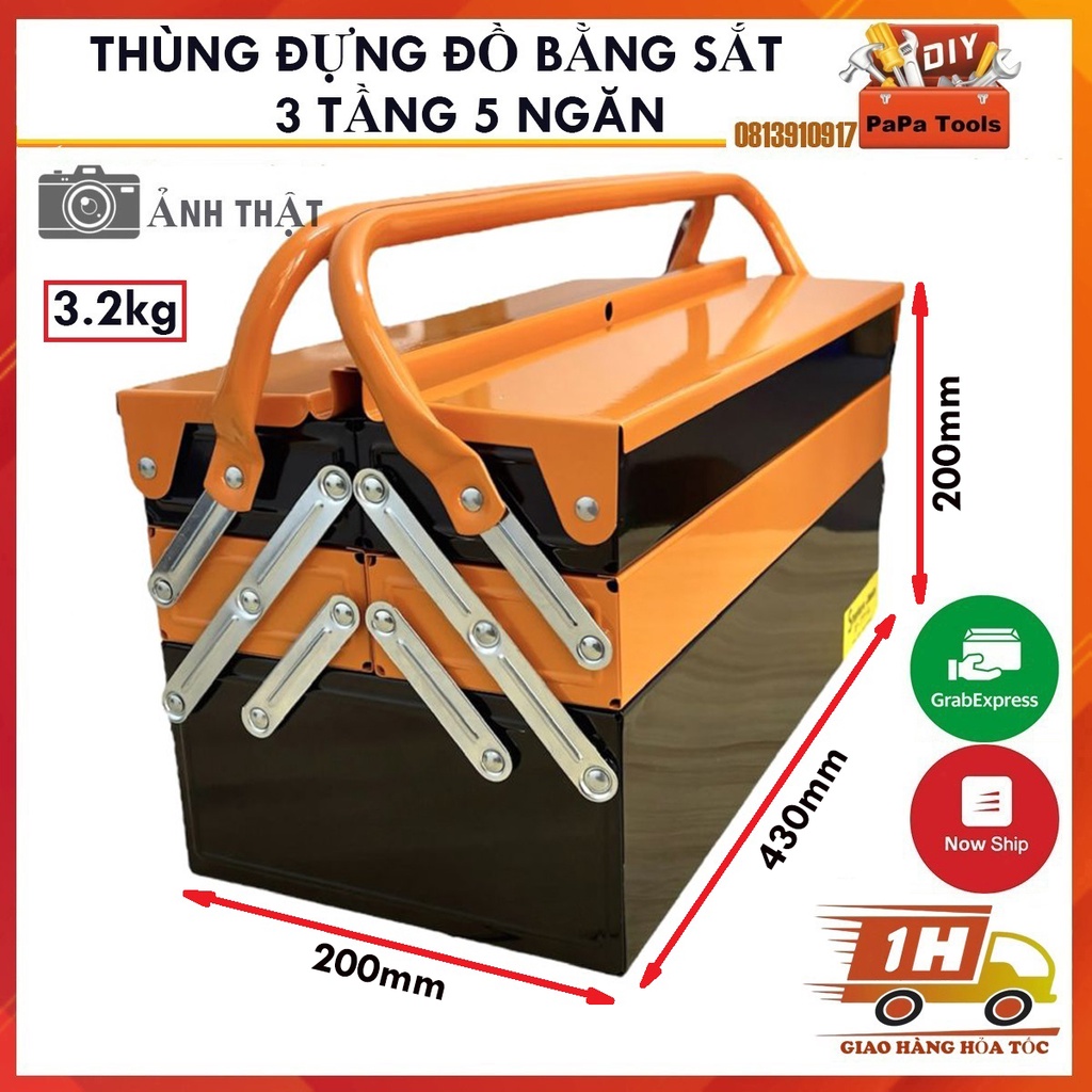 Thùng đồ nghề 3 tầng sắt kích thước Lớn 53*20.6*20.7/ và size trung 43*20*20/
