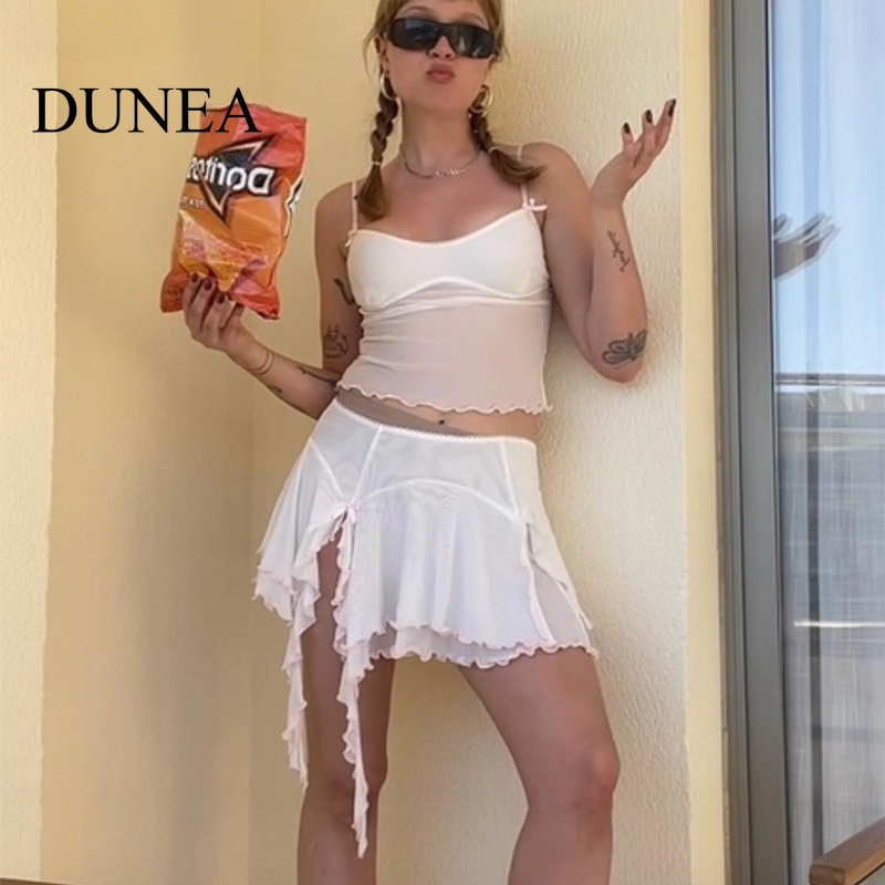 DUNEA Bộ Áo Phối Bèo + Chân Váy Lưng Thấp Xinh Xắn Thời Trang Pháp Cho Nữ